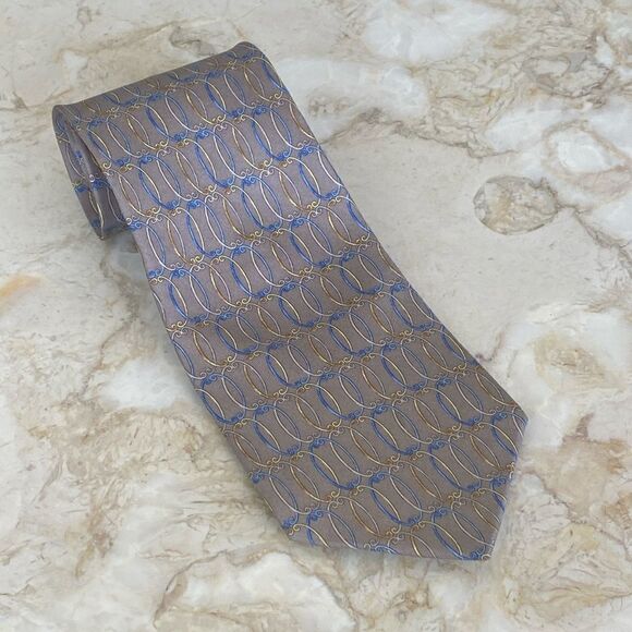 Yves Saint Laurent 100% Silk Grey Blue & Yellow Printed Tie - Picture 3 of 10